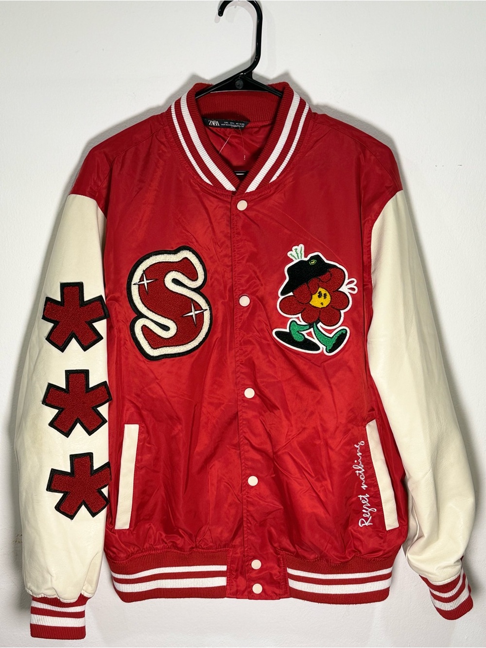 Rare Vintage Zara Red Cream Varsity Bomber Jacket Chenille Patches Streetwear